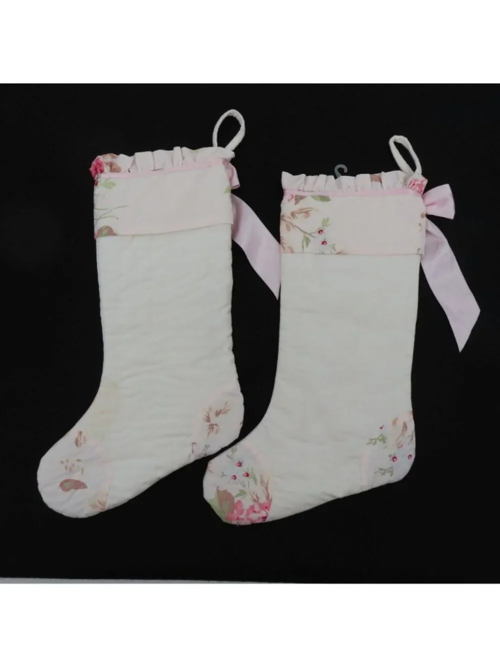 Simply Shabby Chic Pair of 2 Pink Floral Ruffle Christmas Stockings Holiday Xmas